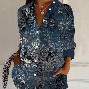Women's Long Sleeve Shirt Spring/Fall Ethnic Shirt Collar Daily Going Out Casual Top, JustFashionNow Shirts, color:Purplish Blue|size:XXL,