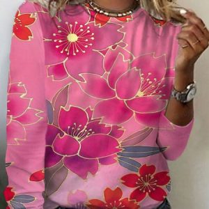 Women's Long Sleeve Tee T-shirt Spring/Fall Floral Crew Neck Casual Top, JustFashionNow T-Shirts, color:Pink|size:XXL,