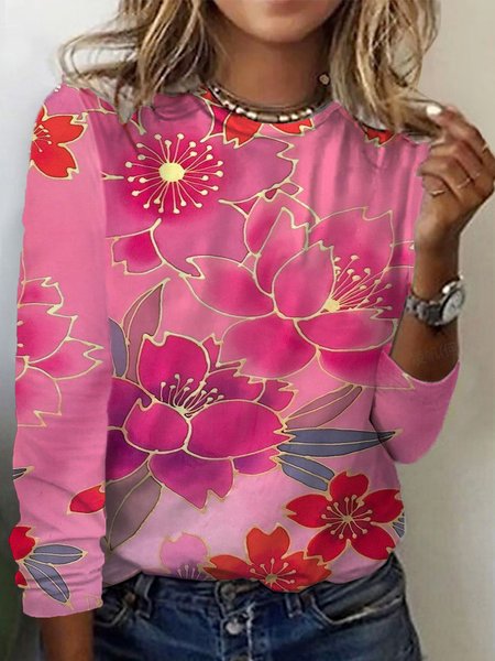 Women's Long Sleeve Tee T-shirt Spring/Fall Floral Crew Neck Casual Top, JustFashionNow T-Shirts, color:Pink|size:XXL,