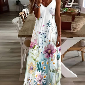 Women Floral Sleeveless Summer Printing Dress V Neck Daily Casual Maxi Slip Dress X-Line Dress, JustFashionNow Casual Dresses, color:White|size:5XL