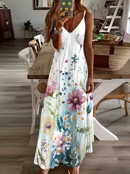 Women Floral Sleeveless Summer Printing Dress V Neck Daily Casual Maxi Slip Dress X-Line Dress, JustFashionNow Casual Dresses, color:White|size:5XL