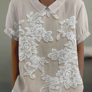 Women Floral Short Sleeve Shirt Summer Printing Shawl Collar Daily Casual Top, JustFashionNow Shirts, color:Apricot|size:5XL,