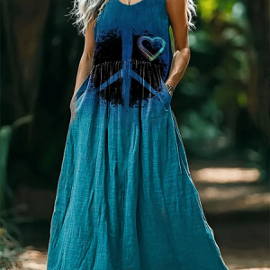 Women's Hippie Sleeveless Summer Printing Dress Crew Neck Daily Casual Maxi Tank H-Line Dress, JustFashionNow Casual Dresses, color:As Picture|size:4XL,