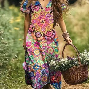 Women Geometric V Neck Short Sleeve Comfy Casual Maxi Dress, Maxi, color:Multicolor|size:4XL, catalog Noracora shop