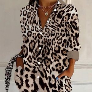 Women's Long Sleeve Shirt Spring/Fall Leopard Shirt Collar Holiday Going Out Casual Top, JustFashionNow Shirts, color:Khaki|size:XXL,