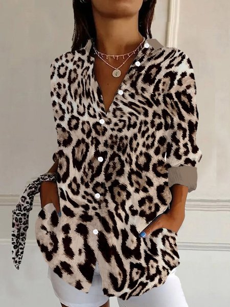Women's Long Sleeve Shirt Spring/Fall Leopard Shirt Collar Holiday Going Out Casual Top, JustFashionNow Shirts, color:Khaki|size:XXL,