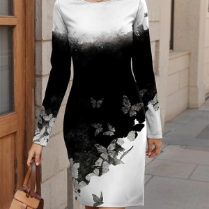 Women's Long Sleeve Spring/Fall Butterfly Jersey Dress Crew Neck Holiday Going Out Casual Mini H-Line T-Shirt Dress, JustFashionNow Dresses, color:Black|size:XXL,