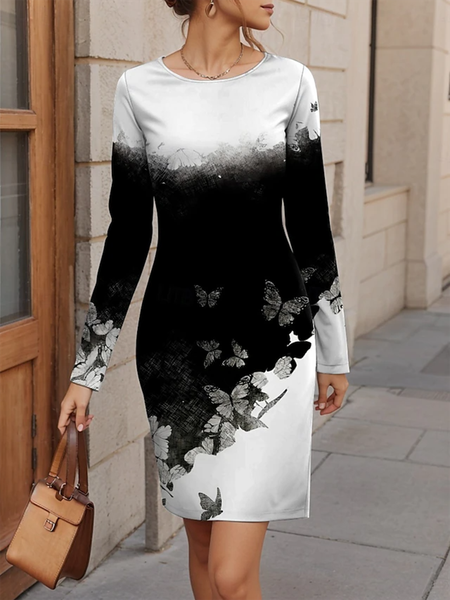 Women's Long Sleeve Spring/Fall Butterfly Jersey Dress Crew Neck Holiday Going Out Casual Mini H-Line T-Shirt Dress, JustFashionNow Dresses, color:Black|size:XXL,
