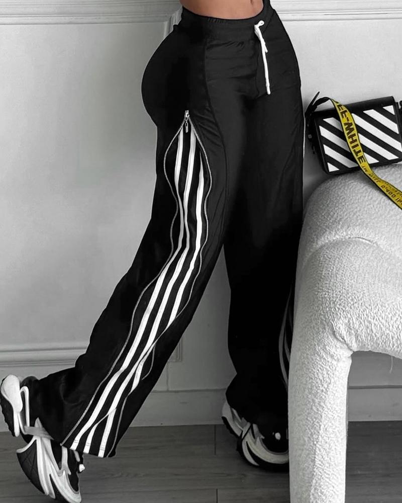 Striped Side Zipper Design Drawstring Wide Leg Casual Pants, women Pants, ChicMe catalog - Image 3