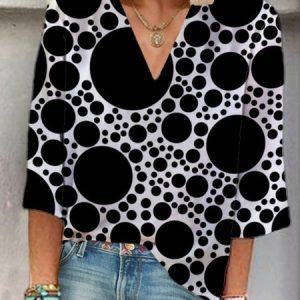 Women's Three Quarter Sleeve Blouse Spring/Fall Polka Dots V Neck Holiday Going Out Casual Top, JustFashionNow Blouses, color:Black|size:XXL,
