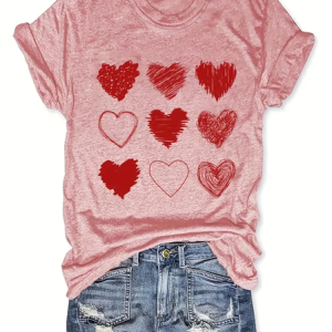 Women's Short Sleeve Tee T-shirt Summer Heart/Cordate Printing Crew Neck Casual Graphic Tee Top, JustFashionNow T-Shirts, color:Pink|size:XXL,