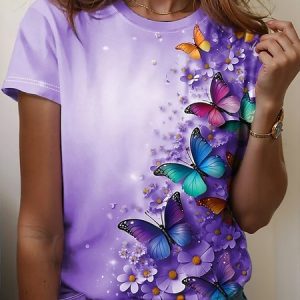 Women's Art Butterfly Floral Print Crew Neck T-Shirt, T-shirts, Lilicloth.com