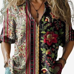 Women's Long Sleeve Shirt Spring/Fall Floral Shirt Collar Holiday Going Out Casual Top, JustFashionNow Shirts, color:Black|size:XXL,