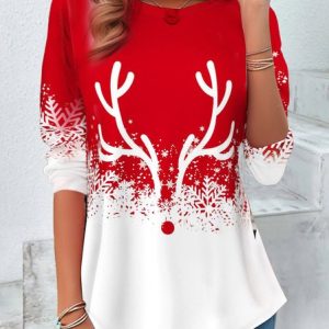 Women's Long Sleeve Tee T-shirt Spring/Fall Christmas Printing Jersey Crew Neck Holiday Going Out Casual Top, JustFashionNow T-Shirts, color:Red|size:XXL,
