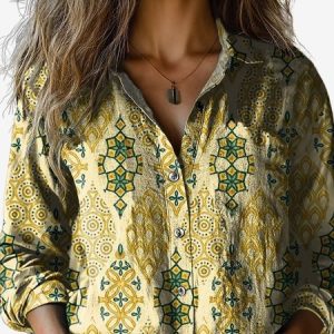 Women's Long Sleeve Shirt Spring/Fall Ethnic Shirt Collar Holiday Going Out Casual Top, JustFashionNow Shirts, color:Yellow|size:XXL,