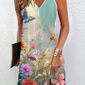 Women's Sleeveless Summer Floral Printing Dress Notched Daily Going Out Casual Mini Tank H-Line Dress, JustFashionNow Casual Dresses, color:As Picture|size:XXL,