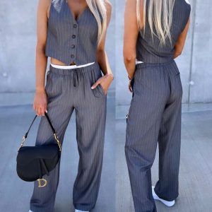 2 Piece Striped V-Neck Sleeveless Thick Strap Tank Tied Detail Straight Pants Work Pants Set, women Two-piece Sets, ChicMe catalog
