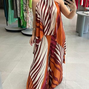 2 Pieces Vacation Outfits Floral Print Halter Lace-up Slit Top and Casual Wide Leg Pants Set, women Two-piece Sets, ChicMe catalog