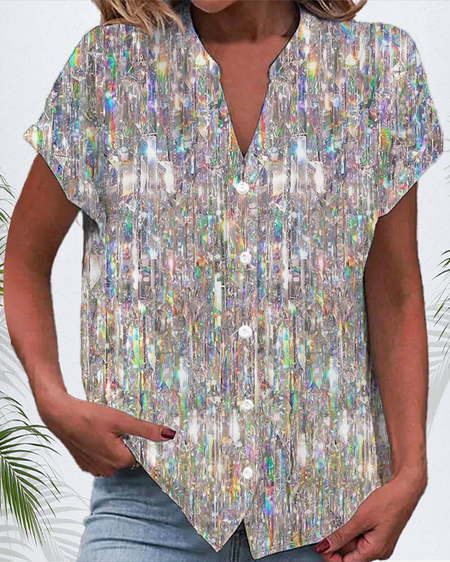 Women's Short Sleeve Shirt Summer Geometric Printing V Neck Daily Going Out Casual Top, JustFashionNow Shirts, color:As Picture|size:4XL,