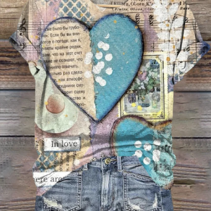 Vintage Heart Pattern Print V Neck Short Sleeve T-shirt, T-shirts, color:Green|size:4XL, catalog Noracora shop