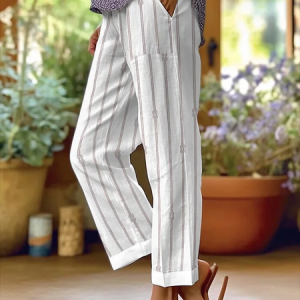 Women's Trousers Straight Pants Daily Going Out Casual Printing Linen Blend Striped Spring/Fall Pants, JustFashionNow Pants, color:White|size:4XL,