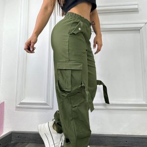 Plain Side Pockets Active Cargo Pants Casual Strechy Waist Straight Leg Cuffed Pants, women Pants, ChicMe catalog