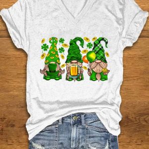Women's Four-leaf Clover Short Sleeve Tee T-shirt V Neck Casual Summer Top, JustFashionNow T-Shirts, color:White|size:3XL,