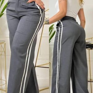 Side Striped Webbing High Waist Casual Pants Pocket Design Wide Leg Work Pants, women Pants, ChicMe catalog