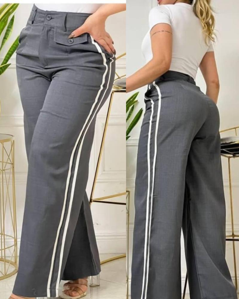 Side Striped Webbing High Waist Casual Pants Pocket Design Wide Leg Work Pants, women Pants, ChicMe catalog