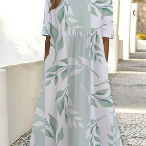 Women Floral Short Sleeve Summer Printing Dress Crew Neck Daily Casual Maxi Shift Dress H-Line Dress, JustFashionNow Casual Dresses, color:Green|size:4XL,