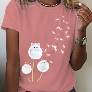 Cat Dandelion Flower Cotton T-Shirt, T-shirts, Lilicloth.com