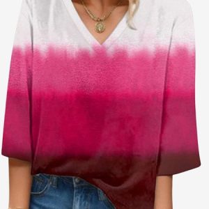 Women's Three Quarter Sleeve Blouse Spring/Fall Ombre V Neck Daily Going Out Casual Top, JustFashionNow Blouses, color:Rose Red|size:XXL,