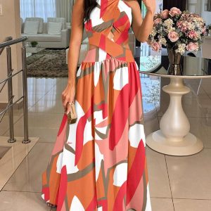 Floral Print Halter Sleeveless Shirred Maxi Dress Casual Waist Criss Cross Hollow-out Dress, women Maxi Dresses, ChicMe catalog