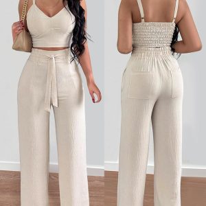 Shirred Crop Top & Pocket Design Wide Leg Pants Set, women Two-piece Sets, ChicMe catalog