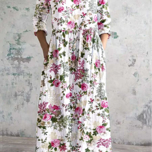 Women's Floral Long Sleeve Spring/Fall Printing Dress V Neck Daily Casual Maxi T-Shirt Dress A-Line Dress, JustFashionNow Casual Dresses, color:White|size:XXL,