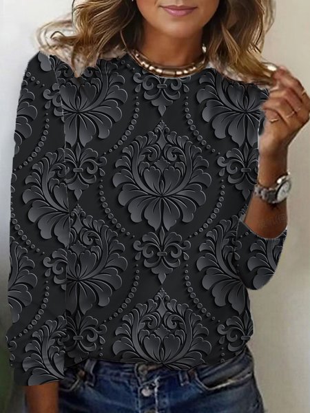 Floral Print Long Sleeve Crew Neck T-shirt, Long sleeves, Lilicloth.com - Image 3