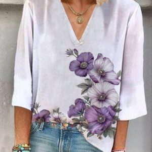 Women's Three Quarter Sleeve Blouse Spring/Fall Floral V Neck Holiday Going Out Casual Top, JustFashionNow Blouses, color:Purple|size:XXL,