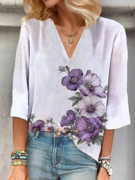 Women's Three Quarter Sleeve Blouse Spring/Fall Floral V Neck Holiday Going Out Casual Top, JustFashionNow Blouses, color:Purple|size:XXL,