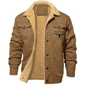 Men's Retro Western Yellowstone Print Fleece Cotton Work Casual Jacket, Jackets&Coats, WAYRATES