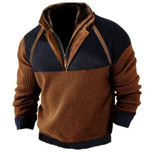 Men's Outdoor Casual Zip Polo Sweater Sweatshirt Double Layer Stand Collar Long Sleeve Vintage Contrast Tactical Thic, Hoodies&Sweatshirts, WAYRATES