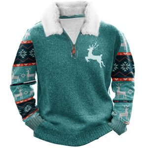 Elk Christmas 1/4 Zip Stand Fleece Collar Thick Sweatshirt, Hoodies&Sweatshirts, WAYRATES