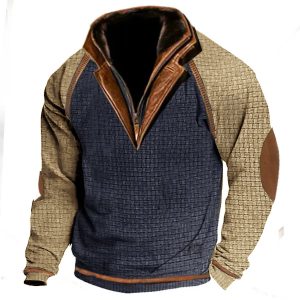 Men's Outdoor Casual Waffle Zip Polo Sweatshirt Double Layer Stand Collar Long Sleeve Vintage Contrast Tactical Pullover, Hoodies&Sweatshirts, WAYRATES