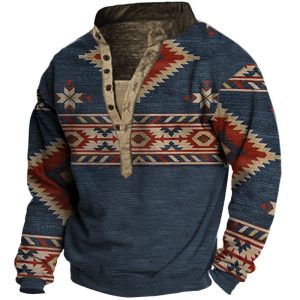 Men's Ethnic Print Henley Collar Sweatshirt, Hoodies&Sweatshirts, WAYRATES