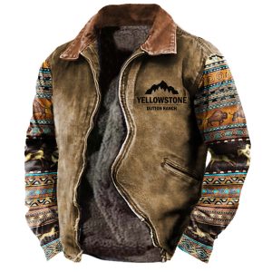Men's Vintage Western Yellowstone Printed Fleece Warm Jacket, Jackets&Coats, WAYRATES