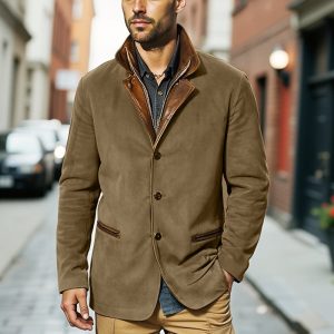 Plus Size Men Vintage Carlsbad Calfskin Leather Blazer With Merino Shearling Collar, Jackets&Coats, WAYRATES