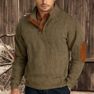 Original Design Men's Corduroy Patchwork Color Block Casual Stand Collar Henley Sweatshirt, Hoodies&Sweatshirts, WAYRATES