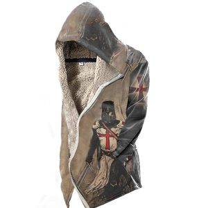 Men's Vintage Templar Cross Hooded Fleece Jacket, Cardigan, WAYRATES