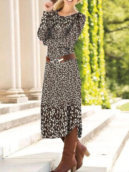 Women's Long Sleeve Spring/Fall Ditsy Floral Jersey Dress Crew Neck Daily Going Out Casual Midi H-Line T-Shirt Dress, JustFashionNow Dresses, color:Brown|size:XXL,