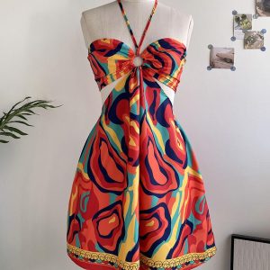Scarf Print Halter Tied Detail Elastic Shirred Black Mini Dress Casual Hollow Out A Line Vacation Dress, women Casual Dresses, ChicMe catalog