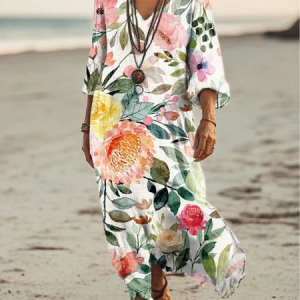 Women Floral V Neck Short Sleeve Comfy Vintage Maxi Dress, Dresses, color:Green|size:3XL, catalog Noracora shop